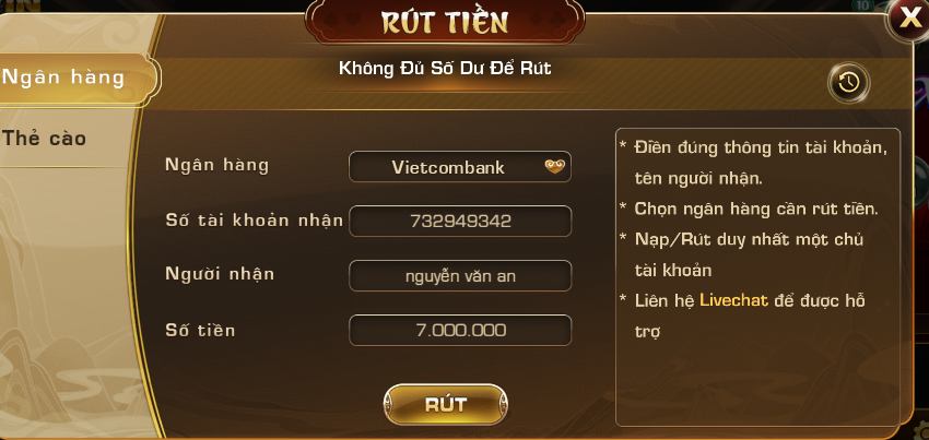 Không đủ số dư (số tiền rút lớn hơn số tiền trong game)