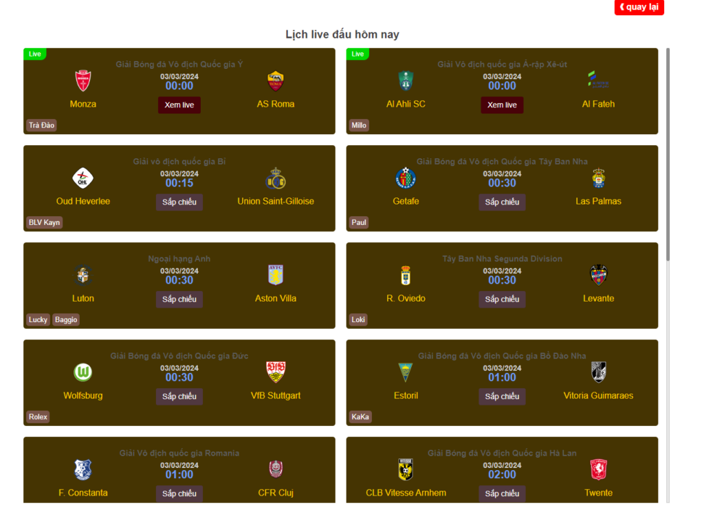 Thật dễ dàng để theo dõi các trận đấu phổ biến trên trang web
