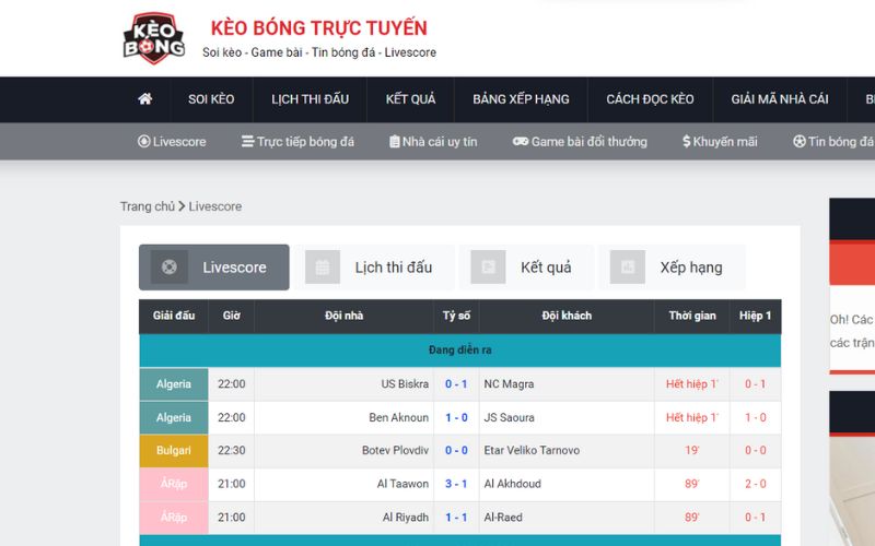 Xem Livescore tại Keobong5 