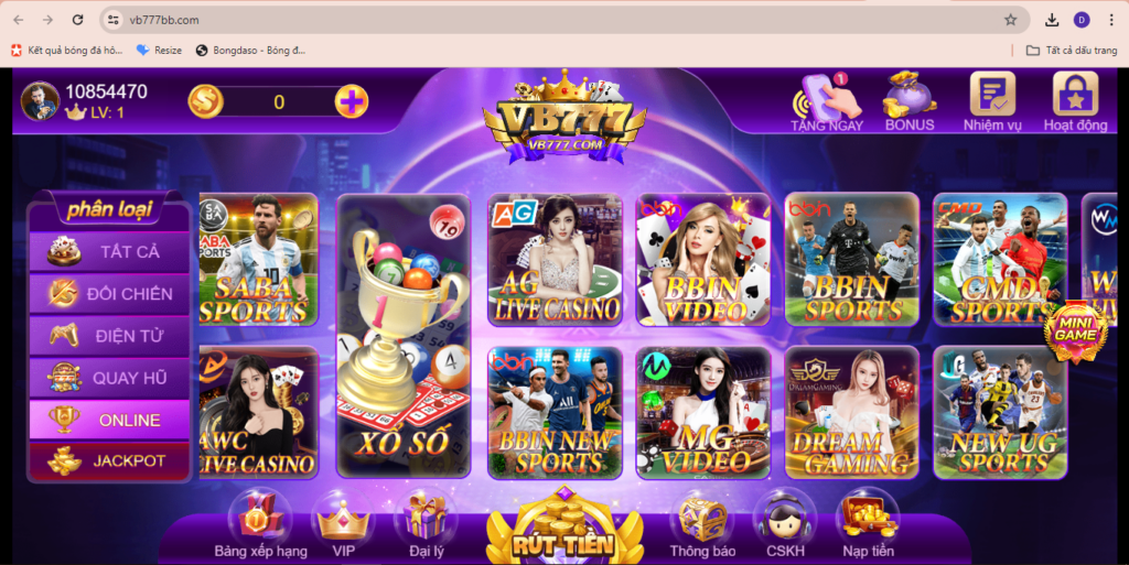 Trang chủ cổng game VB777 bố trí các nút chức năng và trò chơi rất rành mạch