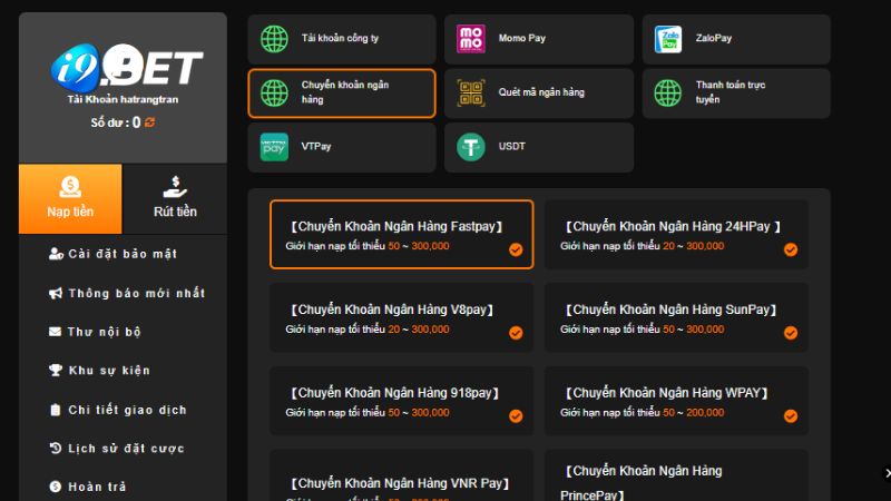 Người chơi nạp tiền qua chuyển khoản ngân hàng tại i9BET