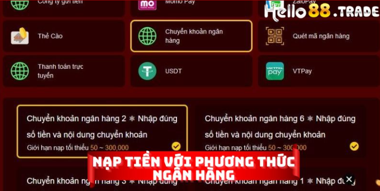 Một số phương thức nạp tiền hello88 hiệu quả