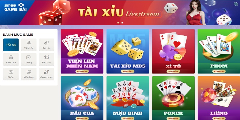 Danh sách các game bài nổi bật tại Sin88