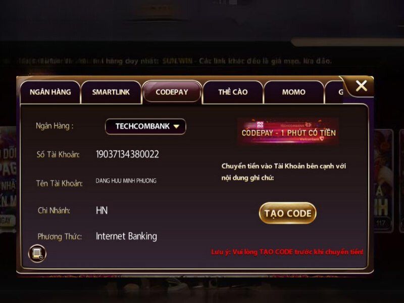 Nạp tiền F8BET qua Code Pay