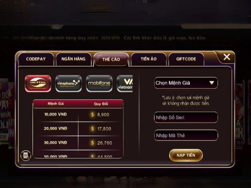 Nạp tiền F8BET qua thẻ cào